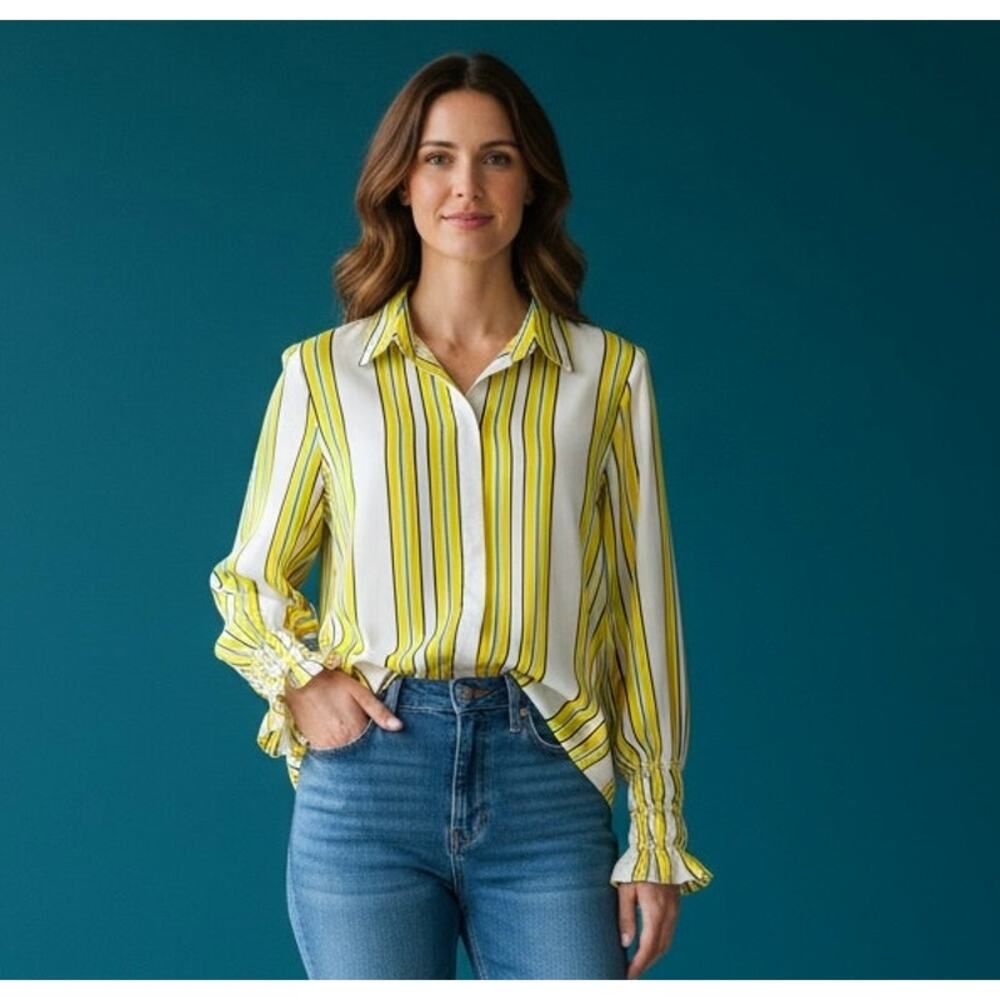 ALEXIS Striped Blouse Women's Large Yellow White Long Sleeve Smocked Ruffle Cuff